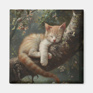 Kitten Sleeping in a Tree Vintage Magnet