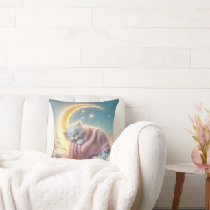 Kitten Sleeping On a Crescent Moon Throw Pillow
