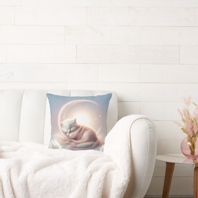 Kitten Sleeping On a Crescent Moon Throw Pillow (Couch)