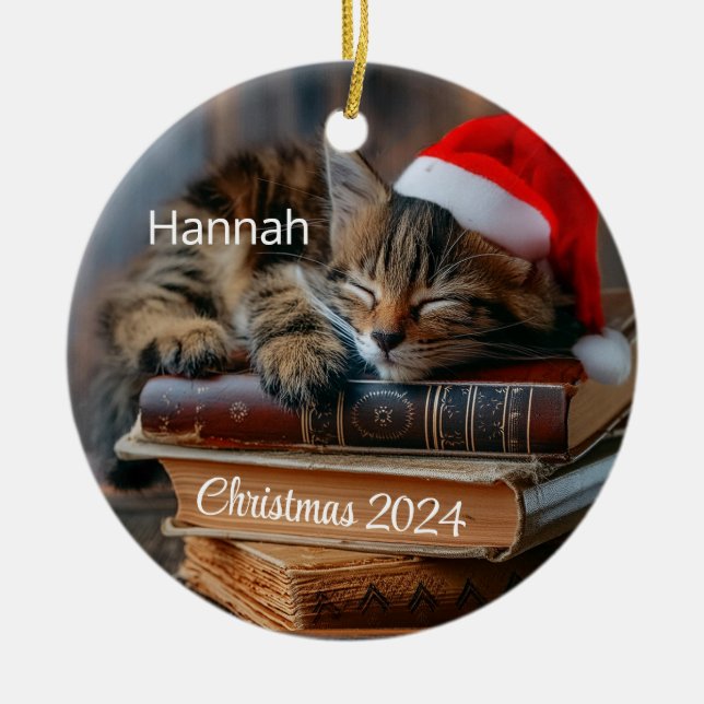 Kitten Sleeping On Books Personalized Ornament (Front)