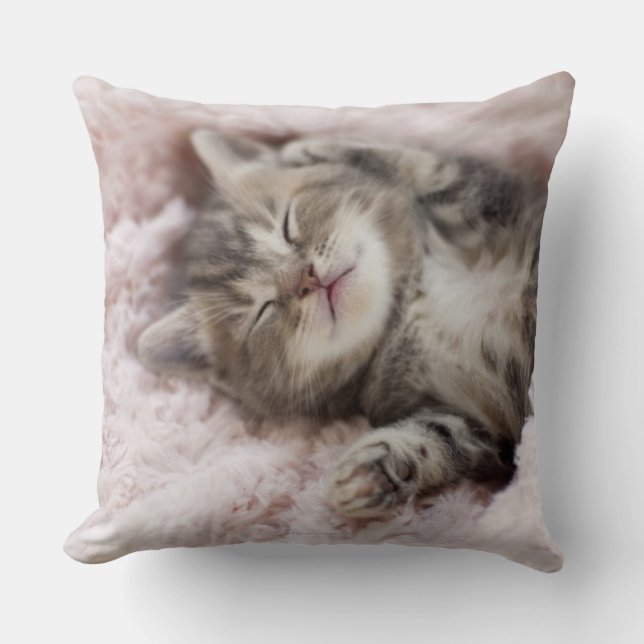 Kitten Sleeping on Towel Throw Pillow (Front)