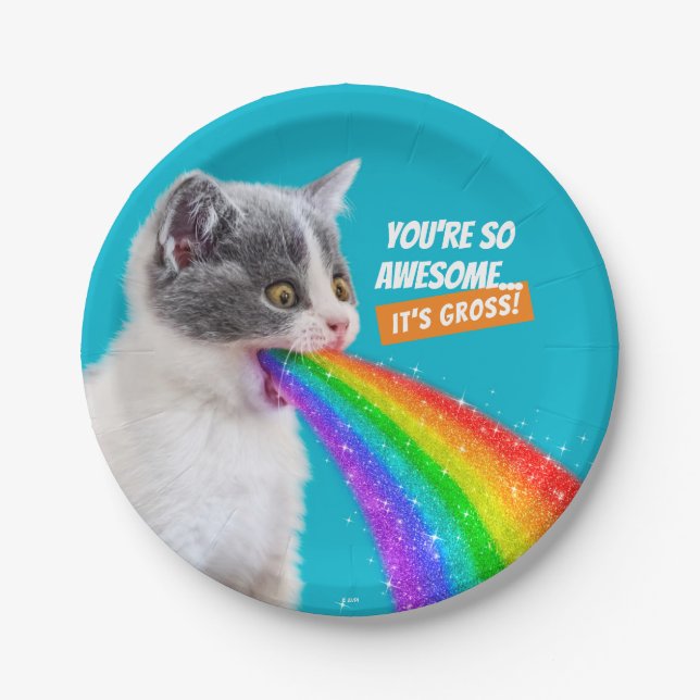 Kitten Spits Up Rainbow Paper Plate (Front)