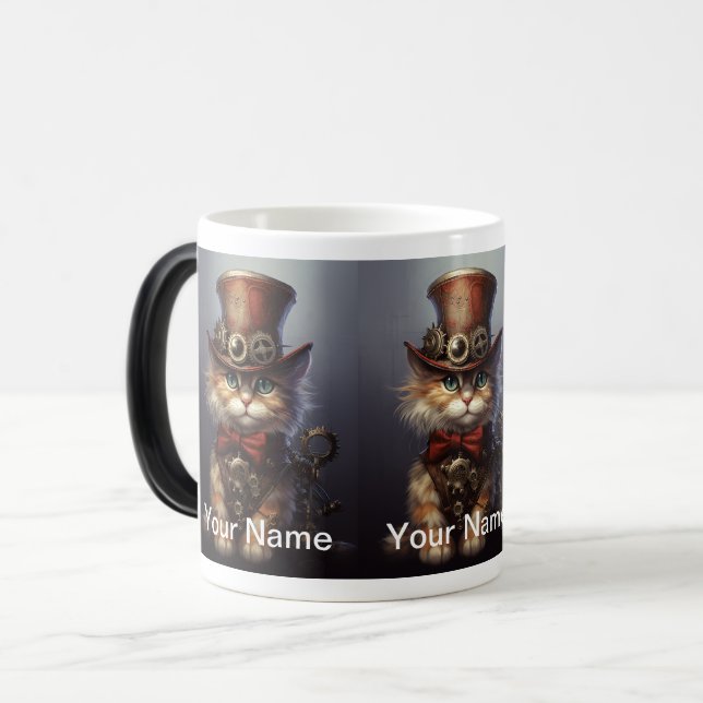 Kitten Steampunk with red bow and top hat Magic Mug (Front Left)