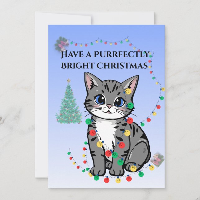 Kitten Tangled in Christmas Light- Flat Card (Front)