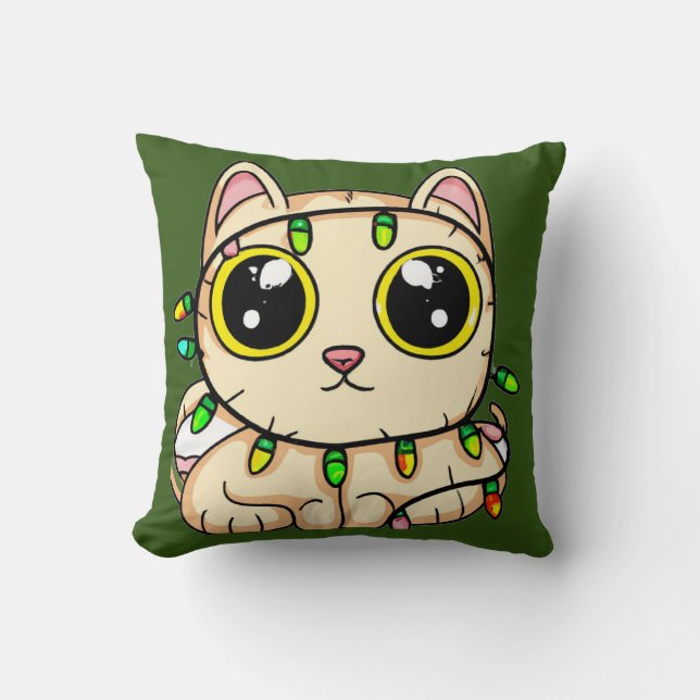 Kitten tangled in Christmas lights Throw Pillow (Front)