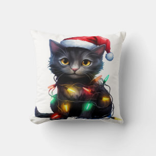 Kitten Tangled In Lights Throw Pillow