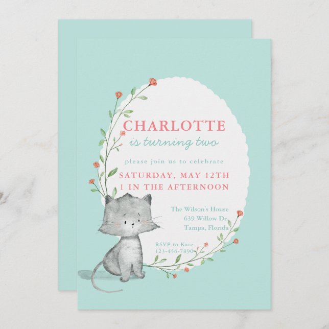 Kitten Teal Floral Birthday Party Invitation (Front/Back)