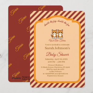 Kitten Twins Baby Shower Orange  Burgundy Stripes Invitation