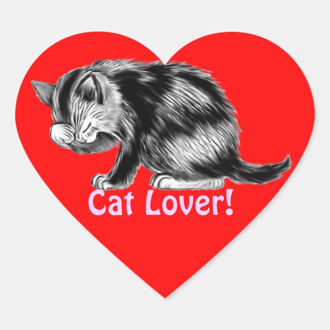 Kitten Washing His Whiskers Cat Lover Gifts Heart Sticker (Front)