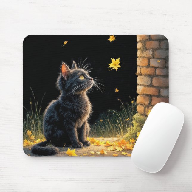 Kitten Watching a Falling Autumn Leaf Mouse Pad (With Mouse)