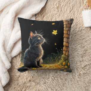 Kitten Watching a Falling Autumn Leaf Throw Pillow
