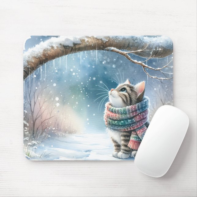 Kitten Wearing a Winter Scarf Mouse Pad (With Mouse)