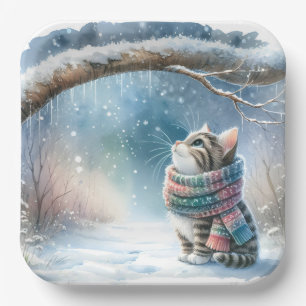 Kitten Wearing a Winter Scarf Paper Plate