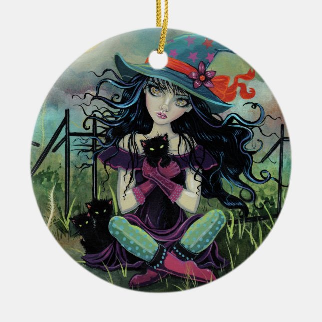 Kitten Witch Fantasy Art By Molly Harrison Ceramic Ornament (Front)
