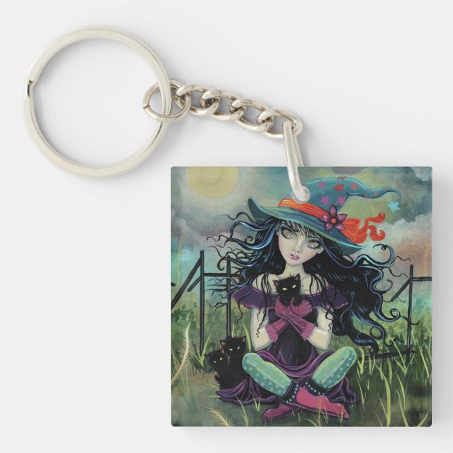Kitten Witch Halloween Fantasy Art Keychain (Front)