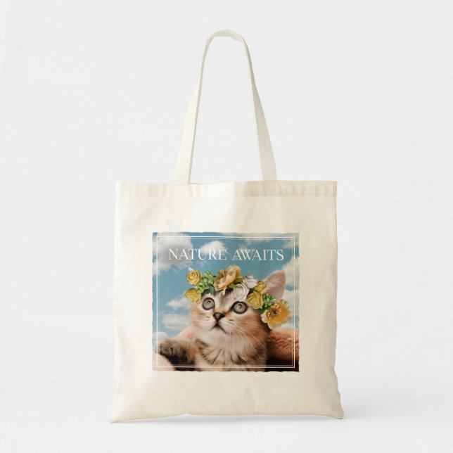 Kitten With a Floral Crown Nature Awaits Tote Bag (Front)