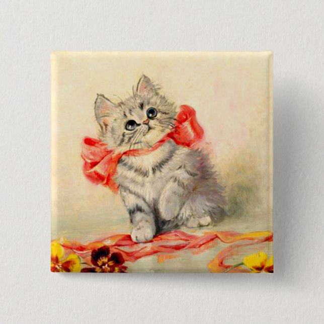 Kitten with a Red Ribbon 2 Inch Square Button (Front)