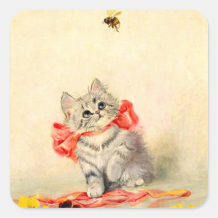 Kitten with a Red Ribbon Square Sticker