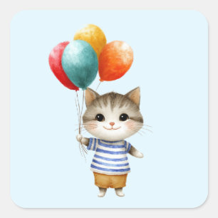 Kitten with Birthday Balloons   Cute Party Celebra Square Sticker