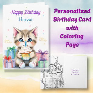Kitten with Cupcake Coloring Page Birthday Card