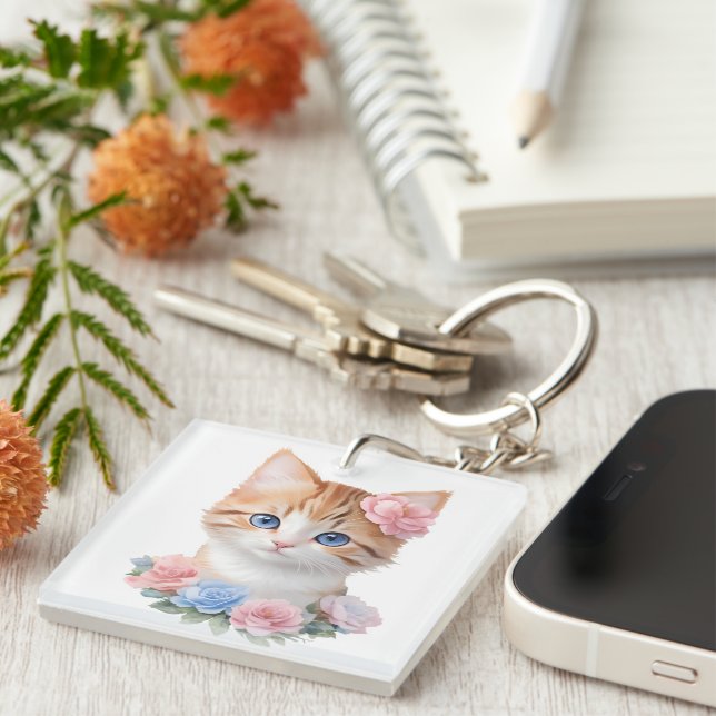 Kitten with Flowers Whimsical Feline  Keychain (Front Right)