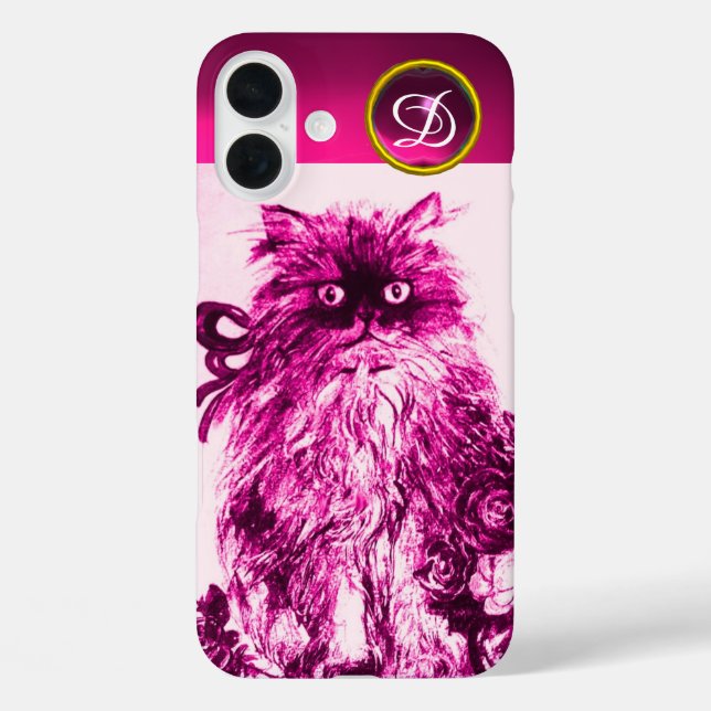 KITTEN WITH FUCHSIA PINK ROSES Gemstone Monogram Case-Mate iPhone Case (Back)