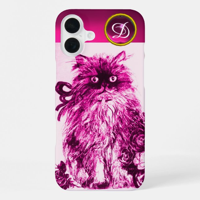 KITTEN WITH FUCHSIA PINK ROSES Gemstone Monogram iPhone Case (Back)