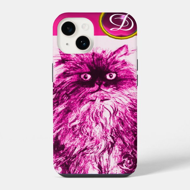 KITTEN WITH FUCHSIA PINK ROSES Gemstone Monogram iPhone Case (Back)