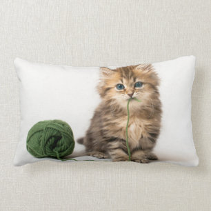 Kitten With Green Yarn Lumbar Pillow