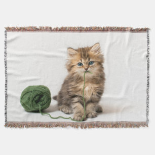 Kitten With Green Yarn Throw Blanket
