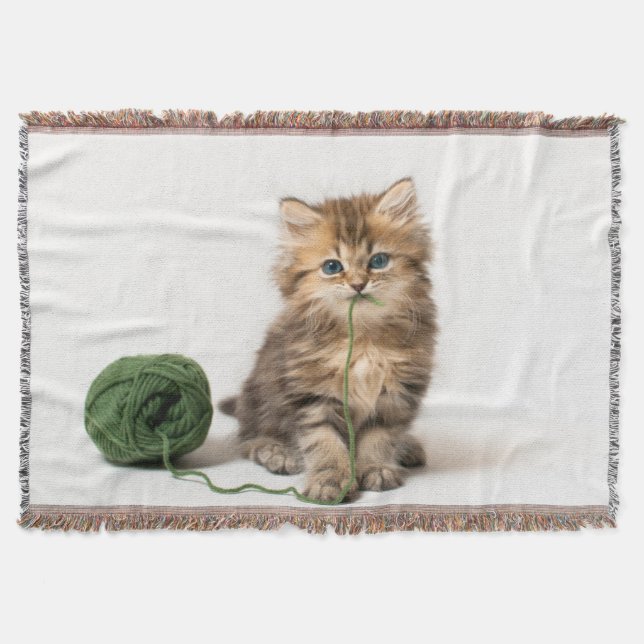 Kitten With Green Yarn Throw Blanket (Front)