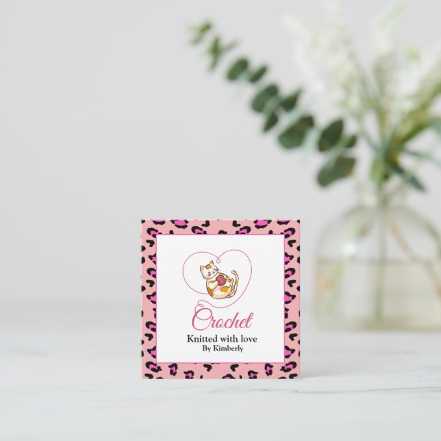 Kitten with heart crochet square business card (Standing Front)