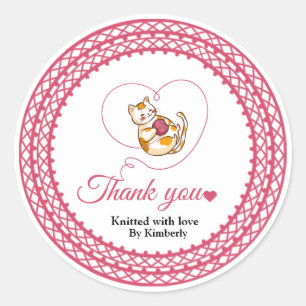 Kitten With Heart Crochet Thank You Sticker
