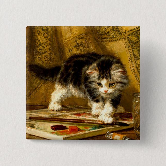 Kitten with Paint and Brushes 2 Inch Square Button (Front)