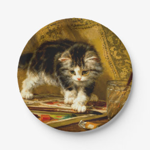 Kitten with Paint and Brushes Paper Plate