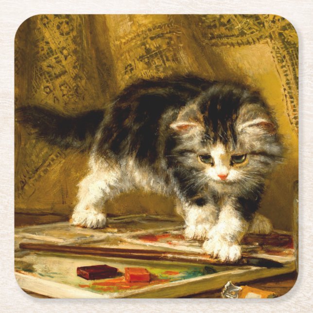 Kitten with Paint and Brushes Square Paper Coaster (Front)