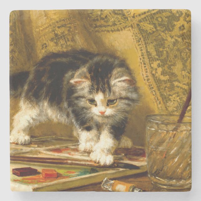 Kitten with Paint and Brushes Stone Coaster (Front)