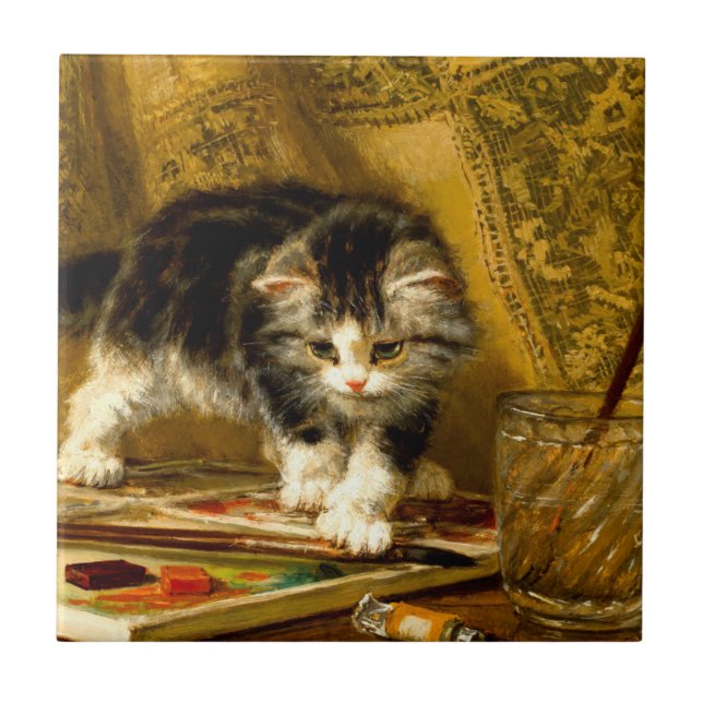 Kitten with Paint and Brushes Tile (Front)