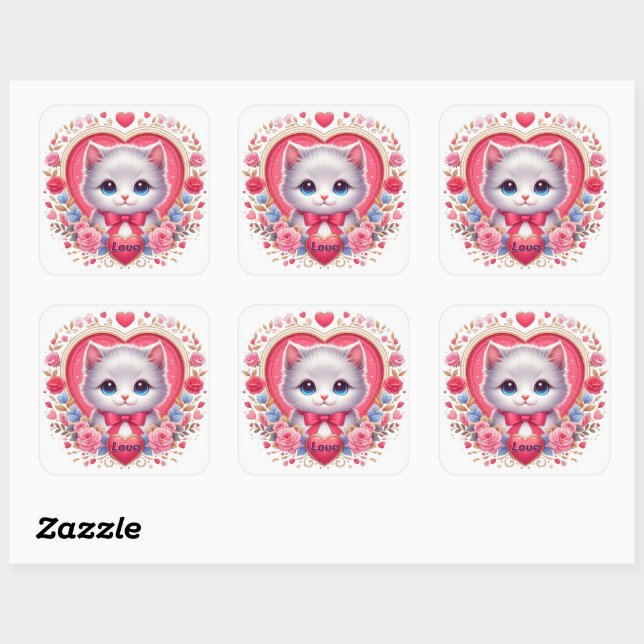 Kitten with Red Bow with Romantic Floral Hearts   Square Sticker (Sheet)