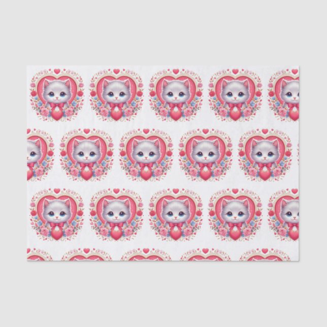 Kitten with Red Bow with Romantic Floral Hearts Tissue Paper (Front)
