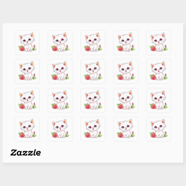 Kitten with Red Rose Square Sticker (Sheet)