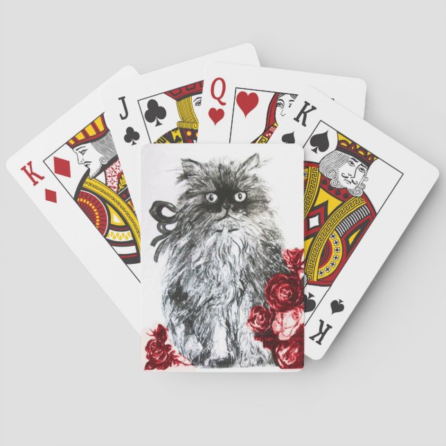 KITTEN WITH RED ROSES ,Black and White Playing Cards (Back)