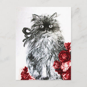 KITTEN WITH RED ROSES , Black and White Postcard
