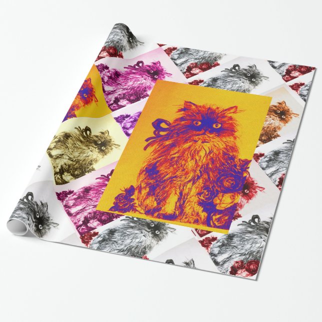 KITTEN WITH RED ROSES,Orange Yellow,Blue Wrapping Paper (Unrolled)