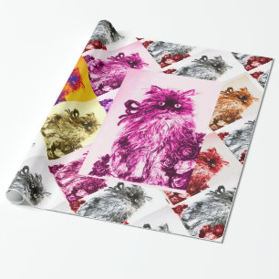 KITTEN WITH RED ROSES,Pink,Fuchsia Wrapping Paper