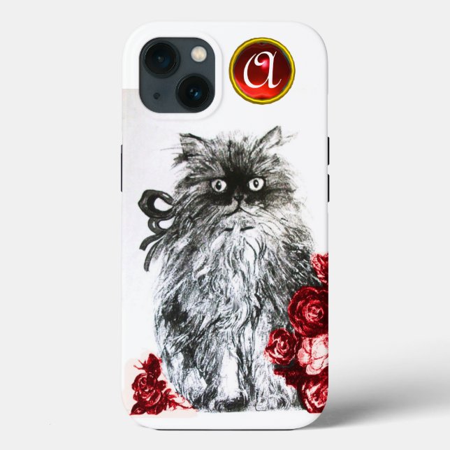 KITTEN WITH RED ROSES RUBY GEM MONOGRAM,white Case-Mate iPhone Case (Back)