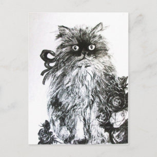 KITTEN WITH ROSES , Black and White Postcard