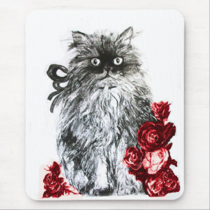 KITTEN WITH ROSES ,Black and White Red Mouse Pad