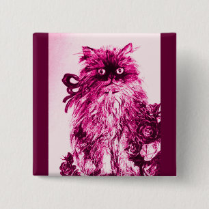 KITTEN WITH ROSES ,Pink Fuchsia White 2 Inch Square Button