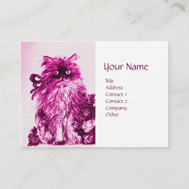 KITTEN WITH ROSES ,Pink Fuchsia White Linen Paper Business Card (Front)